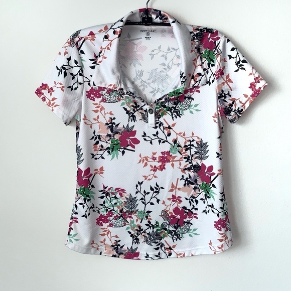 Court Haley Floral Golf Tennis Polo Womens Small White Textured - Picture 1 of 11